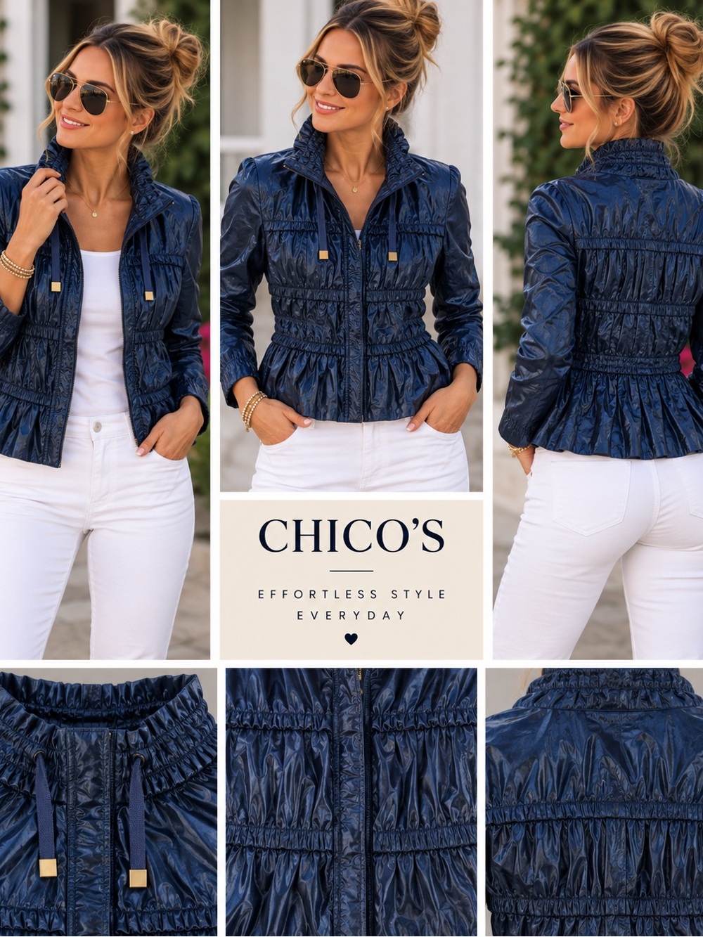 Chico’s Shimmery Navy Ruched Pleated Jacket Size 0 Small